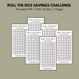 Könnte beinhalten: Ein Satz von sechs druckbaren "Roll the Dice Savings Challenge" Blättern. Jedes Blatt zeigt ein Gitter von Würfeln mit einem Gesamtbetrag, der unten gespeichert ist. Die Blätter sind auf weißem Hintergrund mit einem hellblauen, rosa und grünen Aquarelldesign gedruckt.