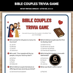 Peut inclure: Un jeu de questions-réponses sur les couples bibliques à imprimer, comprenant six pages. Le jeu propose des questions sur les couples bibliques, notamment qui a travaillé pendant 14 ans pour épouser son véritable amour, quel couple biblique a été le premier à désobéir à Dieu, et quel était le nom de la femme de Noé.