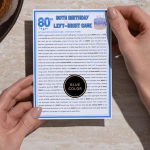 Blue version of 80th birthday left-right gift game printable – born in 1946 trip back to post-war era, instant download party game