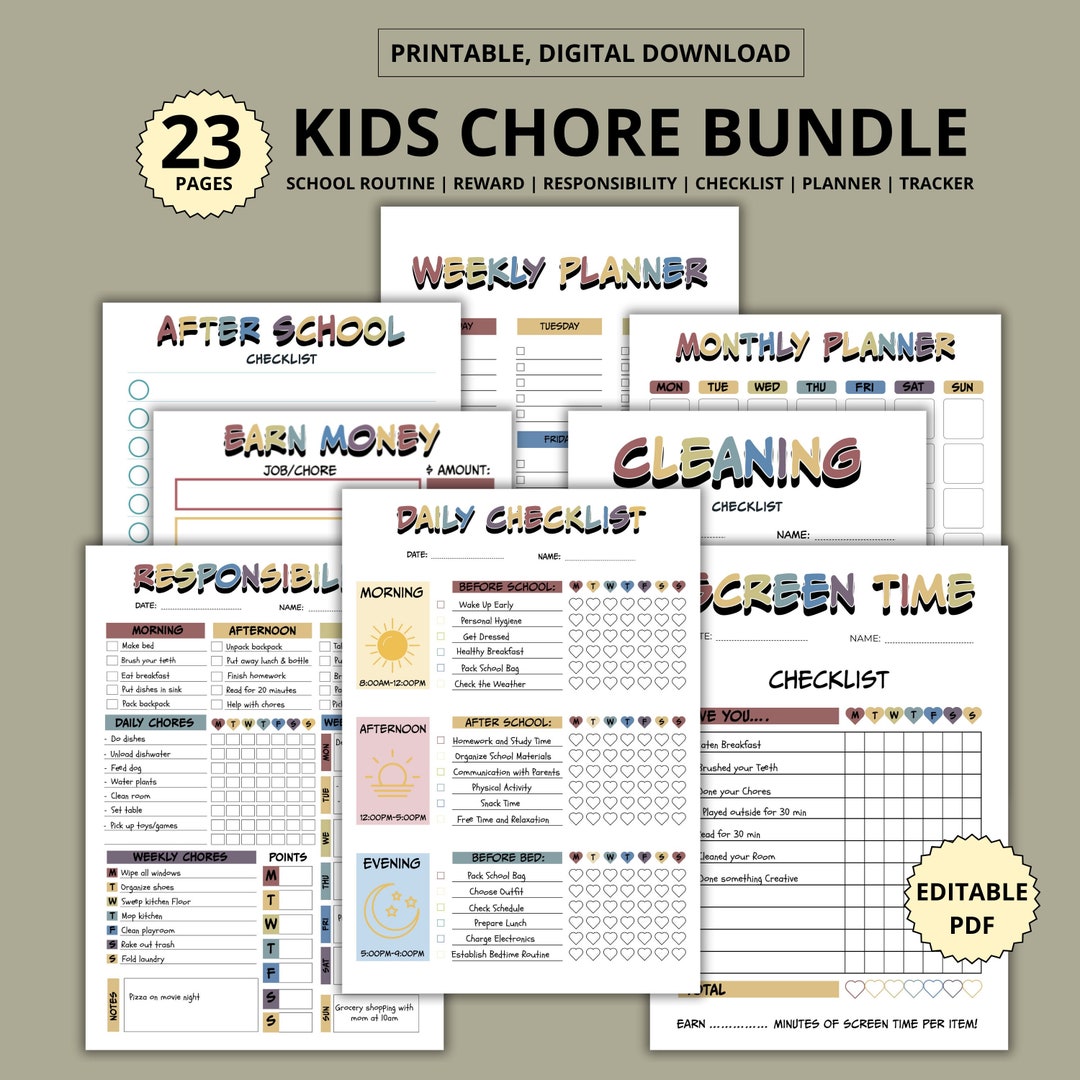 Editable Kids Chore Chart Bundle: Daily & Weekly Planner, Checklist ...