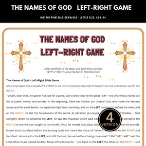 Peut inclure: Jeu imprimable intitulé "The Names of God Left-Right Game" avec texte et illustrations. Le design présente un fond beige avec une bordure marron, deux illustrations de croix et le texte "Téléchargement imprimable instantané".