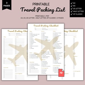 Peut inclure: Liste de contrôle de voyage imprimable au format PDF. La liste comprend des sections pour les vêtements, les articles de toilette et les divertissements. Disponible en formats A4, A5, US Letter, Half Letter et HP Classic. L'image montre trois pages de la liste.