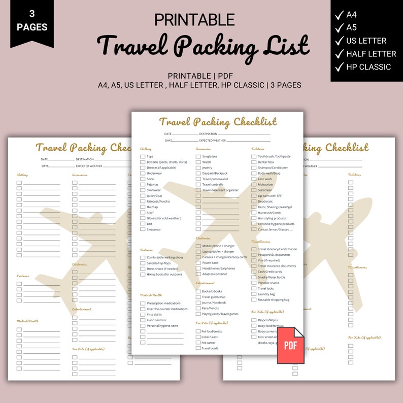 Printable Travel Packing List - Instant Download, Vacation Planner ...