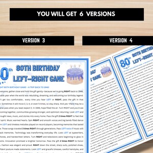 Blue bordered 80th birthday left-right game printable – 1946 era trip back party game, instant PDF download for 80th celebration