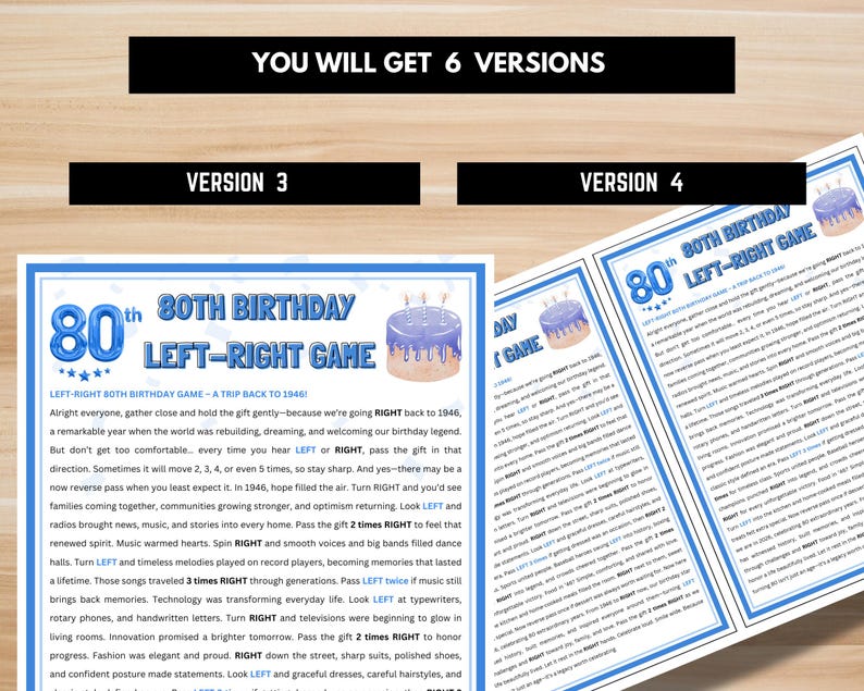 Blue bordered 80th birthday left-right game printable – 1946 era trip back party game, instant PDF download for 80th celebration