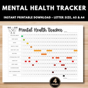 Peut inclure: Un suivi de santé mentale imprimable avec le titre "Mental Health Tracker" en haut. Le suivi comprend des sections pour le suivi quotidien de l'humeur, avec une échelle allant de "Feeling Great" à "Crisis". L'image comprend également le texte "Instant Printable Download - Letter Size, A5 & A4".