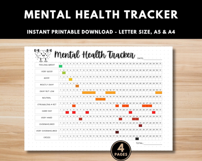 Mental health tracker printable with monthly mood scale. Anxiety and depression mood tracker printable planner