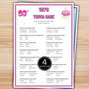 Puede incluir: Una hoja de juego de preguntas para un 50 cumpleaños, con el tema de 1976. La hoja rosa y blanca incluye preguntas sobre el año, con un gráfico de pastel y el texto "1976 Trivia Game". La hoja es la versión 4.
