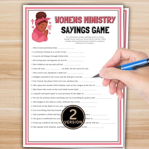 Printbaar spel met spreuken uit de vrouwenbediening, christelijke Bijbelstudie, invulquiz voor dameslunch en kerkelijke groep.