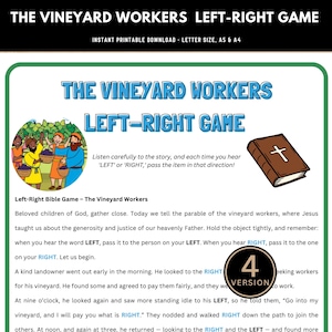 May include: Printable game titled "The Vineyard Workers Left-Right Game." The design features a green border, illustrations of people, a Bible, and the text "Left-Right Game." The game is available for instant download in letter size, A5, and A4.