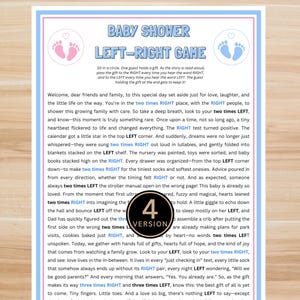 May include: A baby shower game card with a pink and blue border. The card features the text "BABY SHOWER LEFT-RIGHT GAME" and instructions for the game. The card includes a version number in a black circle.