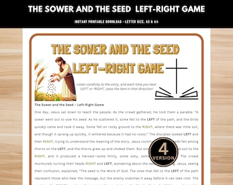 Puede incluir: Un juego imprimible para niños basado en la parábola del sembrador y la semilla. El juego incluye una ilustración colorida de Jesús sembrando semillas y una cruz. El texto instruye a los jugadores a pasar un objeto a la izquierda o a la derecha cuando escuchen esas palabras en la historia.