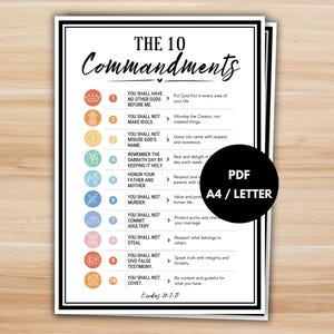 Peut inclure: Une affiche en noir et blanc des Dix Commandements, chaque commandement étant accompagné d'une icône. Le texte comprend "The 10 Commandments" dans une police décorative, et le document est étiqueté "PDF A4 / LETTER".