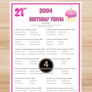 May include: A pink-framed trivia game for a 21st birthday, themed for the year 2004. The design includes a birthday cake graphic and a balloon with the number 21. The trivia questions cover pop culture, politics, and events from 2004.