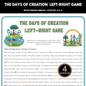 May include: Printable game titled "The Days of Creation Left-Right Game." The design features colorful illustrations of animals, trees, and people. The text includes instructions and Bible verses. The game is available for instant download in Letter, A5, and A4 sizes.