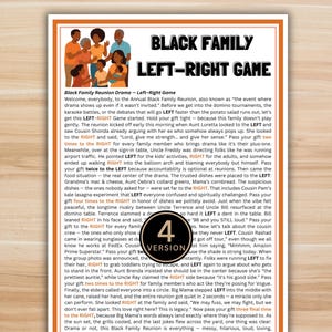May include: A printed game sheet titled "Black Family Left-Right Game" with a family illustration. The game's rules and story are printed on the page. A circular graphic with the number "4" is in the lower center.