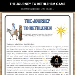 Peut inclure: Un jeu imprimable intitulé "Le Voyage à Bethléem" avec des illustrations de Marie, Joseph et un âne. Le jeu comprend des instructions textuelles et un graphisme en forme d'étoile. Le texte indique "Téléchargement imprimable instantané - Format Lettre, A5 & A4."