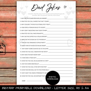 Papa grappen baby shower spel, afdrukbare baby shower trivia, leuke douche spelkaart, hilarische baby shower feestactiviteit, papa grappen quiz pdf.