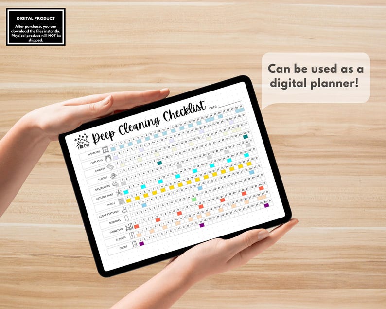 Filled cleaning tracker with dotted lines for detailed cleaning schedules.