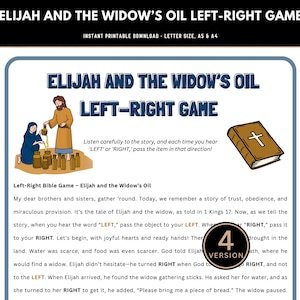 以下が含まれることがあります： 「Elijah and the Widow's Oil Left-Right Game」というタイトルの印刷可能なゲーム。デザインは、聖書の人物、オイルジャー、十字架の付いた本のイラストを特徴としています。ゲームの説明が含まれており、「Instant Printable Download - Letter Size, A5 & A4」というテキストがあります。