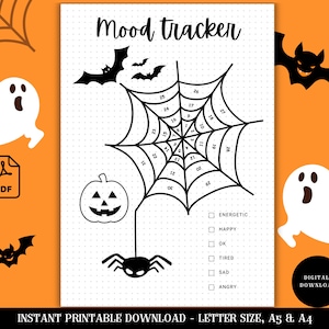 Peut inclure: Suivi d'humeur imprimable sur le thème d'Halloween avec un design de toile d'araignée. Le suivi comporte une araignée, une citrouille et des chauves-souris. Il comprend une liste d'options d'humeur : Énergique, Heureux, OK, Fatigué, Triste, En colère. Le texte "Mood Tracker" est en haut de la page. Le texte "Instant Printable Download - Letter Size, A5 & A4" est en bas de la page.