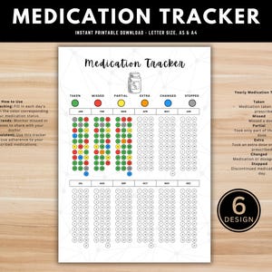 Könnte beinhalten: Druckbarer Medikamenten-Tracker mit einem Monatskalender und farbcodierten Kreisen zur Verfolgung der täglichen Medikamenteneinnahme. Der Tracker enthält einen jährlichen Medikamenten-Tracker mit Beschreibungen für jeden Farbcode. Der Text "6 DESIGN" befindet sich in der unteren rechten Ecke.