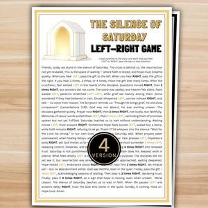 Peut inclure: Une page imprimée intitulée "The Silence of Saturday Left-Right Game". Le texte noir est rehaussé d'or, avec un dessin d'un bâtiment à l'intérieur lumineux et un cercle "4 VERSION".