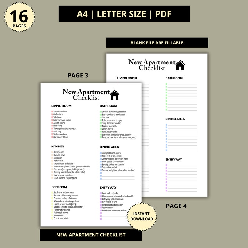 New Home Checklist Bundle, Printable New Apartment Checklist, First Home Checklist, First ...