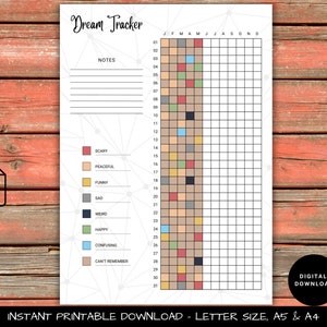 Tracker dei sogni stampabile A5 - Modello di bullet journal, registro giornaliero dell'umore e del sonno, analisi mensile dei sogni, pdf A4, A5, Letter us