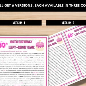 Pink bordered 80th birthday left-right game printable showing 6 versions – 1946 nostalgia pass the gift game, instant digital download
