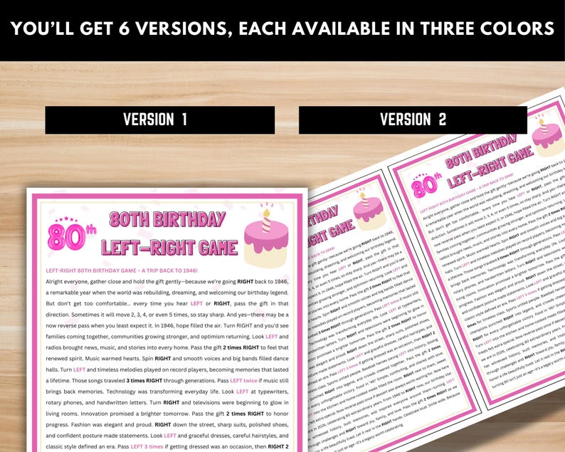 Pink bordered 80th birthday left-right game printable showing 6 versions – 1946 nostalgia pass the gift game, instant digital download