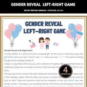 May include: Printable gender reveal game with pink and blue balloons, a baby carriage, and cartoon figures. The text reads "Gender Reveal Left-Right Game" and includes instructions for playing the game.