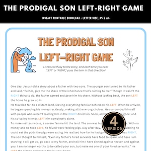May include: A printable game for kids based on the parable of the prodigal son. The game features a colorful illustration of the prodigal son returning home to his father. The text instructs players to pass an item left or right when they hear those words in the story.