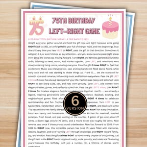 Juego de izquierda a derecha para el 75.º cumpleaños, juego de fiesta para nacidos en 1951, juego imprimible para intercambiar regalos de izquierda a derecha, regalo para cumpleaños, rompehielos en fiestas.