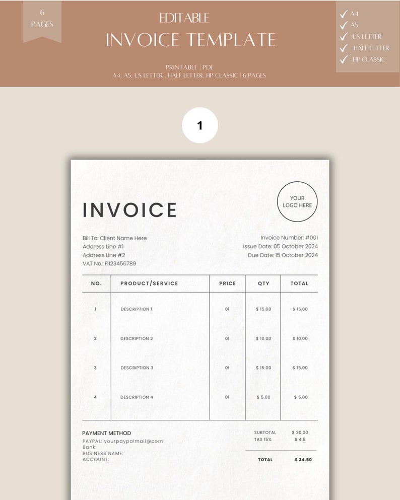 EDITABLE INVOICE TEMPLATE, Invoice Template for Small Business ...