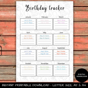 Peut inclure: Un planificateur d'anniversaire imprimable avec un fond blanc et des contours noirs. Chaque mois est affiché dans une case séparée avec une liste de noms et de dates. Le planificateur est décoré de gribouillis sur le thème de l'anniversaire.