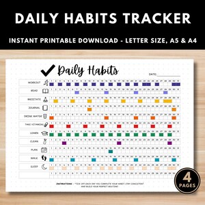 Peut inclure: Une feuille de suivi des habitudes quotidiennes imprimable présentant une grille avec des lignes pour des activités comme le sport, la lecture, la méditation, le journal, l'eau, les vitamines, l'apprentissage, le ménage, la marche et le sommeil.
