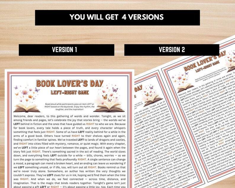Printable book club game – Left Right story for readers, fun literary party icebreaker, PDF instant download