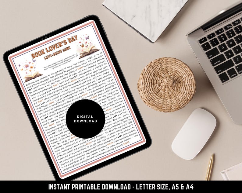 Reading party printable – Left Right pass the gift game for book lovers, instant digital download