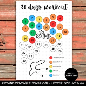 Seguimiento de entrenamiento de 30 días imprimible, página de planificación motivacional para objetivos de acondicionamiento físico, salud, registro de entrenamiento, en A4, A5 y Carta EE. UU. pdf