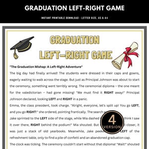 May include: A printable game for graduation parties. The game is called "The Graduation Mishap: A Left-Right Adventure". The game involves finding a missing diploma. The game is designed for 4 players.