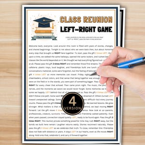 Peut inclure: Un jeu imprimé de Réunion de Classe Gauche-Droite, version 4, avec un graphisme de toque de diplômé et de livres. Le texte comprend des instructions pour un jeu de retrouvailles, avec des phrases comme "passez le cadeau" et "souvenez-vous de ces premiers rêves."