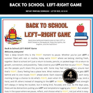 May include: A printable "Back to School Left-Right Game" with a red, yellow, and blue border. The game features text, illustrations of books, an apple, a backpack, and pencils. The text includes "Back to School Left-Right Game" and "Instant Printable Download".