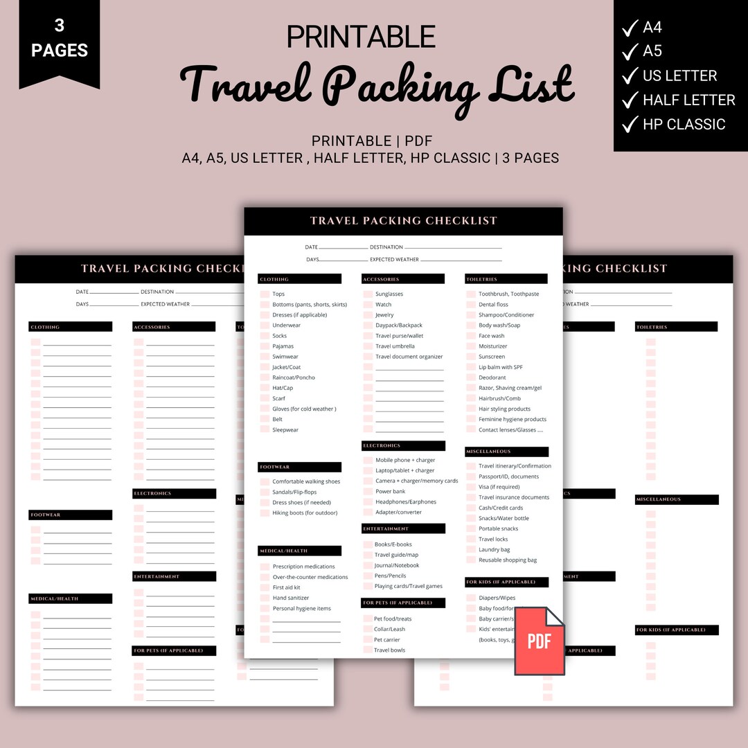 Printable Travel Packing List - Instant Download, Vacation Planner ...