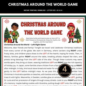 May include: A printable Christmas Around the World game with festive illustrations. The design features two cartoon children, Christmas trees, and the title "Christmas Around the World Game." The text includes instructions for a holiday-themed activity.