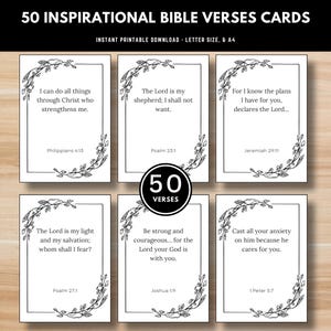 May include: Set of 50 inspirational Bible verses cards. Each card features a verse with a decorative floral border. The cards are designed for instant printable download in letter size and A4 format.