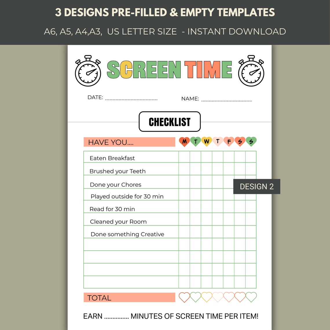 Screen Time Chart Checklist, Editable Printable Screen Time Task Chart ...