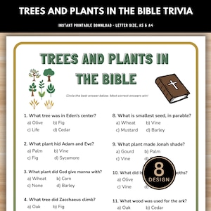 Peut inclure: Jeu de trivia imprimable intitulé "Arbres et plantes dans la Bible". Le design présente un livre marron avec une croix, des illustrations d'arbres et de plantes, et des questions à choix multiples. Le texte comprend "Téléchargement instantané imprimable" et "Format Lettre, A5 et A4".