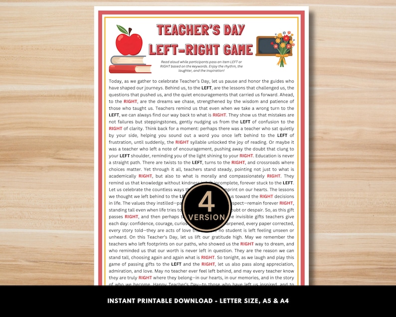 Teacher’s Day Left Right Game Printable – Pass the Gift Story, Fun ...