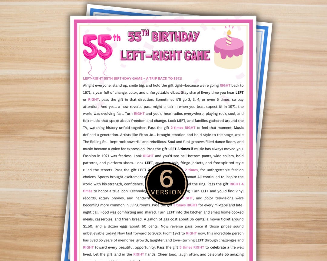 55th Birthday Left Right Game Printable | Adult Party Games for Men ...